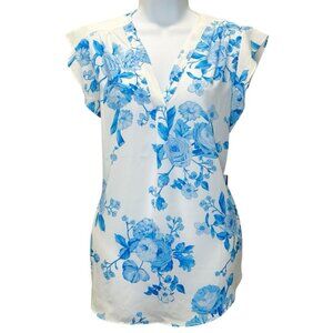 Chaus New York Women's Tops Size M Fluter Sleeve White and Blue Floral Blouse